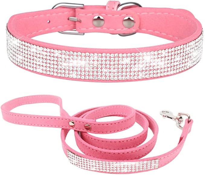 Bling Small Dog Collar Leash Set, Puppy Collar with Rhinestone Crystal Diamond Glitter Female Girls Cat Collars for XXS XS Small Medium Large Dogs Chihuahua Poodle Yorkshire (Pink S)