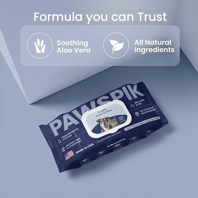 Made in USA Premium Pet Wipes with All Natural Ingredients for Dogs & Cats, Body, Ears, Face, Butt & Paws - 8x8 Inch Large - Unscented, Ultra Thick, Hypoallergenic & Alcohol-Free (1 Pack (100 pcs))