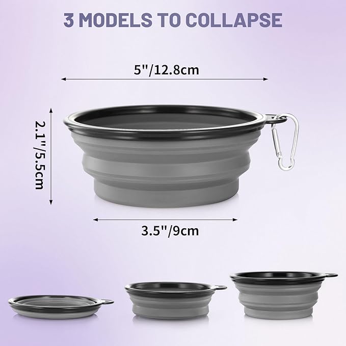 Dog Bowl Pet Collapsible Bowls, 2 Pack Collapsible Dog Water Bowls for Cats Dogs, Portable Pet Feeding Watering Dish for Walking Parking Traveling with 2 Carabiners (Small, Purple & Concrete Gray)