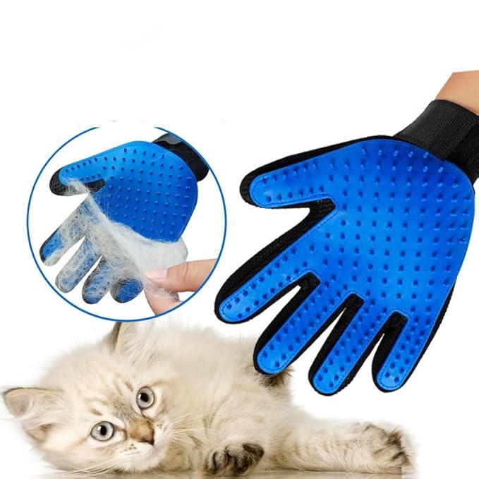 Blue Pet Grooming Glove for Right Hand and Deshedding Undercoat Rake Combo,Gentle Scrub Dematting Fur for Cats Dogs,Efficient Pet Hair Remover