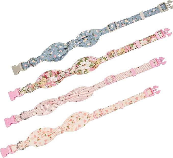 Cotton Dog Collar Soft Lightweight with Hand-Tied Knot Bow for Medium Dogs.(M, Blue Floral)