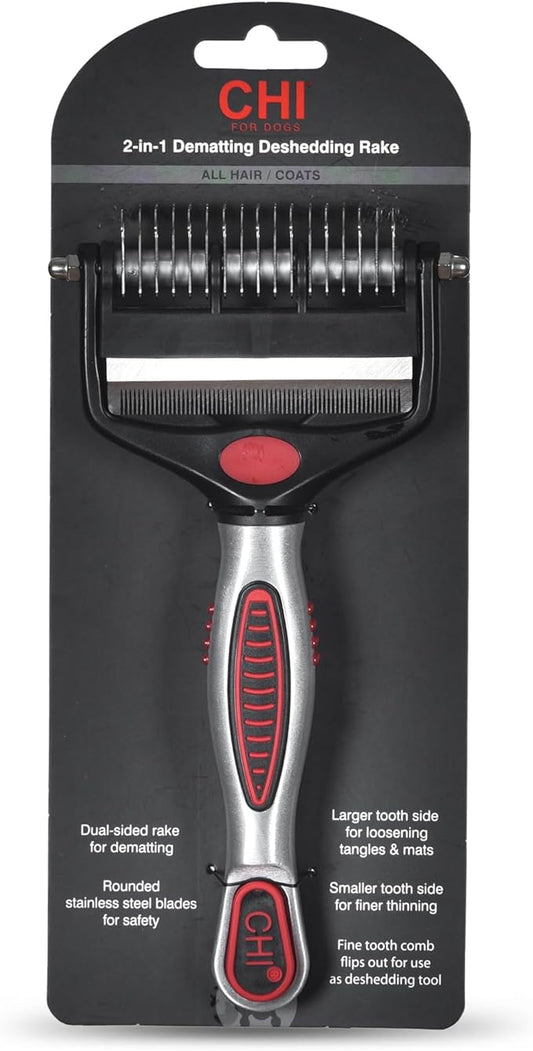 CHI for Dogs 2-in-1 Dematting Deshedding Rake, Flip-Out Fine Rake for Deshedding and Smoothing, Large Rake for Dematting Dogs; Dog Grooming Tool for Mats and Knots