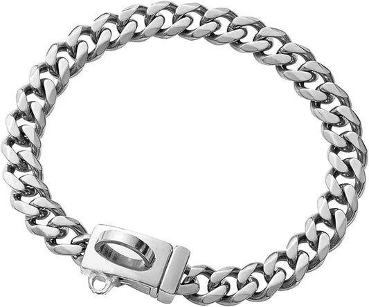 Strong Stainless Steel Silver Cuban Link Chain Dog Collar,Pet Necklace Walking Collar for Large Dogs(Length - 24'')