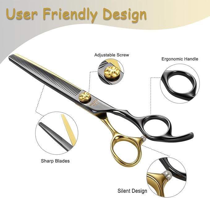 Black & Gold Professional Thinning Dog Grooming Scissors with Decorative Screw Sharp and Durable Japanese 440C Stainless Steel Pet Cat Texturizing Thinner Shears with Safe Round Tip 7''