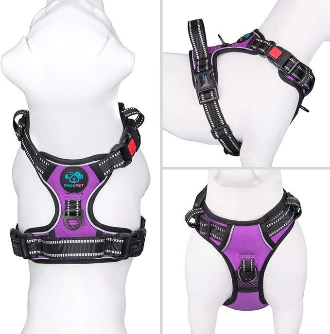 PHOEPET No Pull Dog Harnesses for Small Dogs Reflective Adjustable Front Clip Vest with Handle 2 Metal Rings 3 Buckles [Easy to Put on & Take Off](XS, Purple)