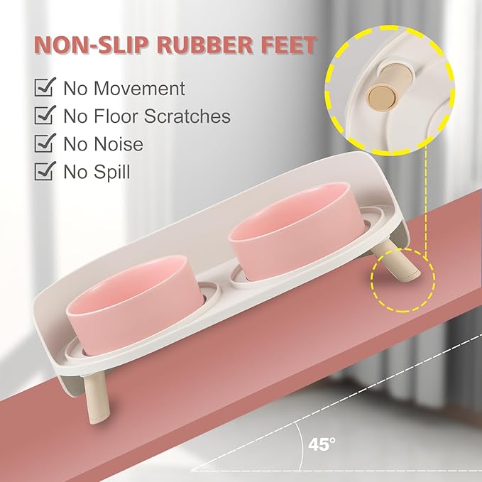 Elevated Ceramic Cat Bowl Set - Raised Double Dishes for Food & Water - Non-Slip Stand & Splash Proof - for Cats & Puppies - 2 x 480 ML - 16.23 OZ