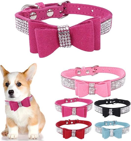 Diamond Large Dog Collar Bow, Rhinestone Dog Collar with Bow tie, Female Cat Collars Crystal Jeweled Bling Sparkling Glitter for Small Medium Large Dogs,Hot Pink,XXL