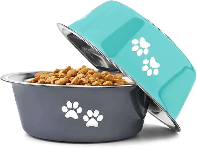 Stainless Steel Dog Bowls 2 Pack Large Extra Large Dogs Feeding Food Water Bowl with Non-Slip Silicone Sole, Dog Dishes Elevated Raised Pet Feeder(Green+Grey, XL(8.5 Cups))