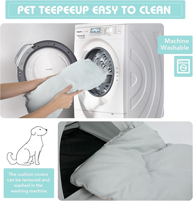 Pet Teepee Tent for Dogs & Cats, Portable Cat Teepee Tent with Thick Cushion Dog House Indoor Removable and Washable
