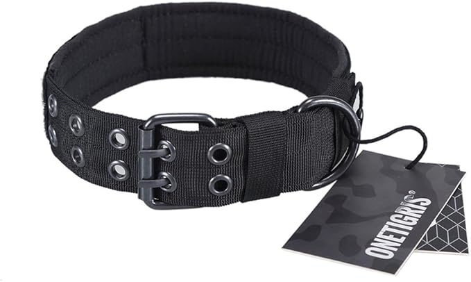 OneTigris Military Adjustable Dog Collar with Metal D Ring & Buckle 2 Sizes (Black, M)