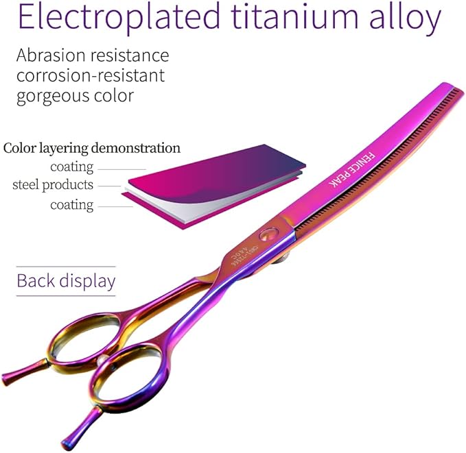 Fenice Peak Professional Dog Grooming Scissors Pet Curved Thinning Shears 7.0'' Extremely Sharp Blades 440C Thinning Scissors Durable Smooth Motion & Fine Cut for Dogs and Cats (Multicolored)