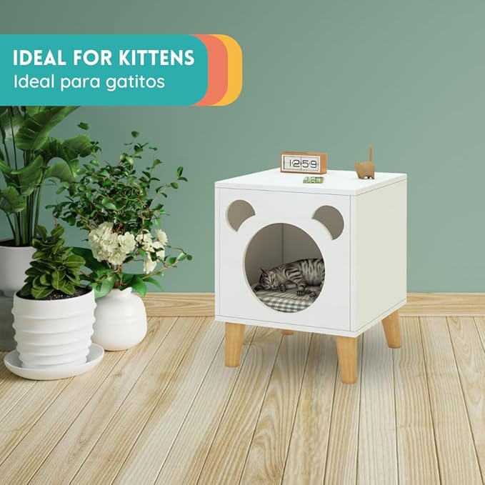 POLIPETS Side Table and House for Pets, Wooden Table for Pets, MDF Resistant Wood, Minimalist, Elegant and Resistant, Space Saving 20x16x16in, White