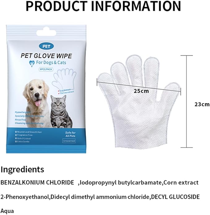 Coldcool 6 PCS Pet Bathing Wipes for Dogs and Cats, Cleaning， Deodorizing Grooming Gloves, Wipes Gloves for Dog and Cat Fur Face, Ear, Eye, Paws Cleaning Wipes Pet Wash Free Gloves