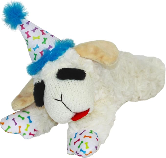 Multipet Lamb Chop Dog Plush Toy w/Birthday Hat - Squeaky Dog Toy for All Dogs - Soft Plush Dog Toy - Stuffed Animal Dog Toy for Playing - Cute Dog Birthday Toy (10.5”, Blue Hat, 5 Squeakers)