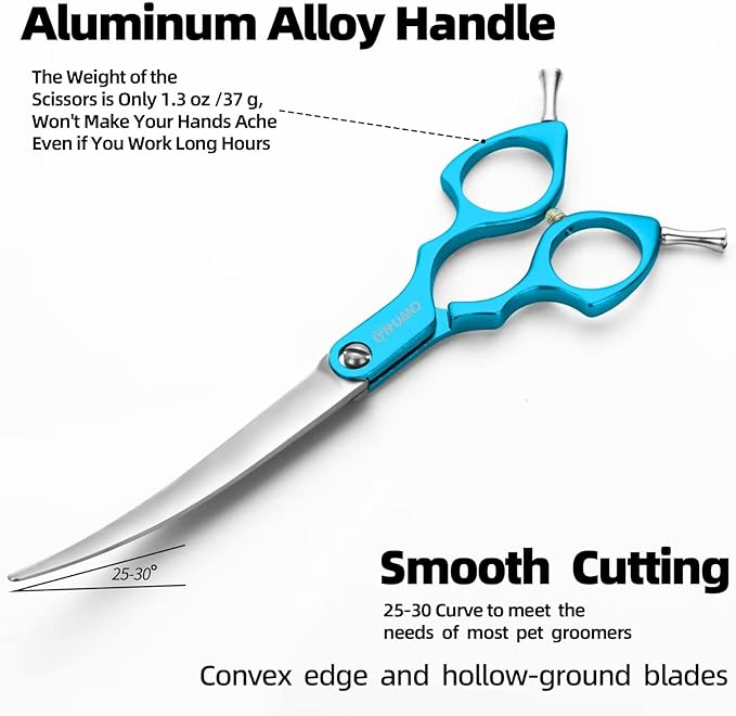 6.5" Curved Grooming Scissors for Dogs 440C Stainless Steel Professional Dog Grooming Scissors with Ultra-Light Aeronautical Aluminum Handle (Blue-Curved)