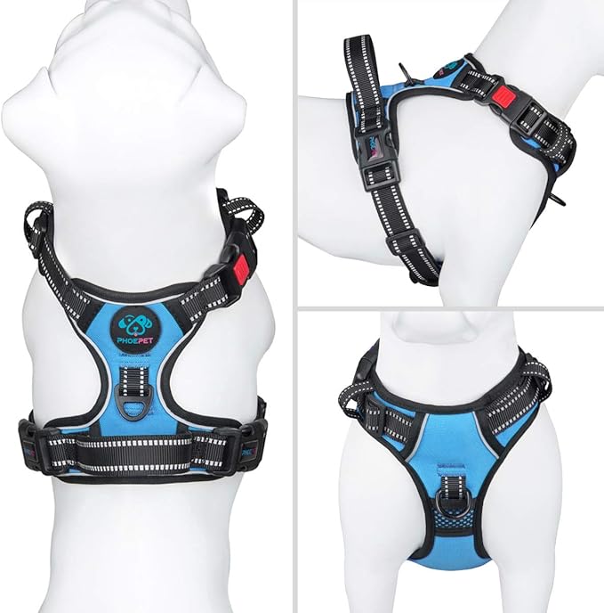 PHOEPET No Pull Dog Harnesses for Small Dogs Reflective Adjustable Front Clip Vest with Handle 2 Metal Rings 3 Buckles [Easy to Put on & Take Off](XS, Blue)