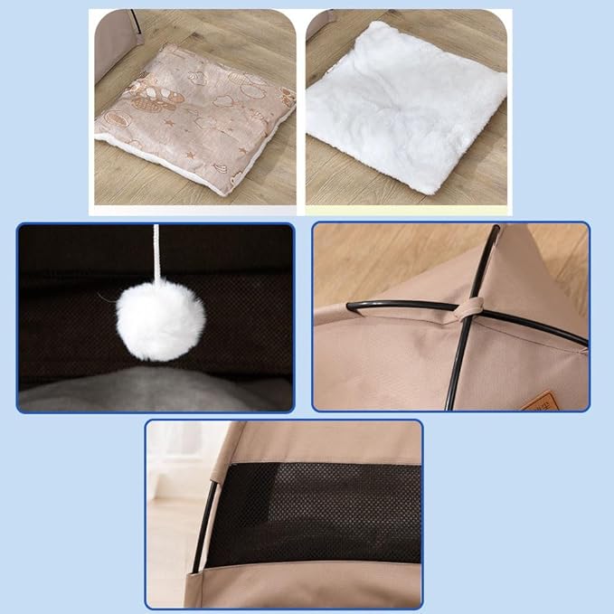 Cute Cat Teepee Cave, Cat Tent Foldable Indoor Outdoor with Thick Mat,Puppy Bed Tent,Bunny Pet Tent Teepee,Portable Dog House Teepee Tent, Cat Bed,Dog Bed Tent,Puppy Bunny,Pet Tent Teepee (P, M)