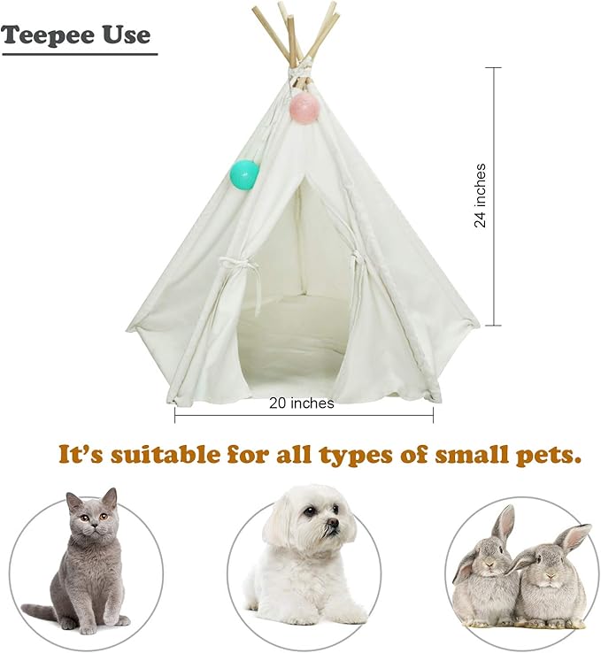 Dog Teepee Tent for Dogs & Cats Cute Pet Teepee with Mat, Portable Dog Tents 24inch Dog House Indoor Outdoor