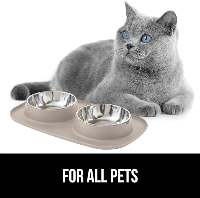 GORILLA GRIP Patent Pending 100% Waterproof BPA Free Cat and Dog Bowls Silicone Feeding Mat Set, Stainless Steel Bowl Slip Resistant Raised Edges, Catch Water, Food, Pet Accessories, 1 Cup, Beige