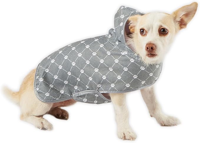 Bone Dry Pet Robe Collection, Trellis Paw Print, Absorbent Microfiber Bath Robe with Adjustable Closure for Dogs & Cats, X-Small, Gray