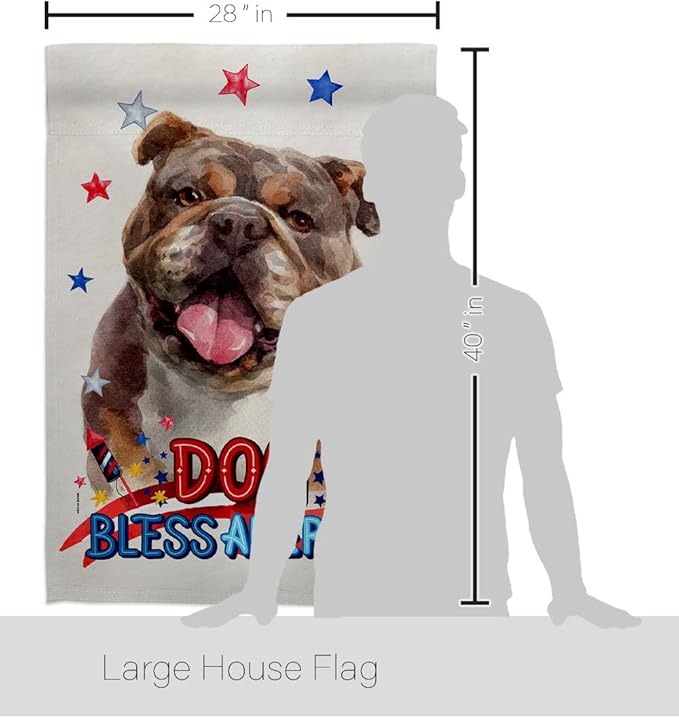 Breeze Decor Patriotic Chocolate Bulldog House Flag Dowel Set Dog Puppy Spoiled Paw Canine Fur Pet Nature Farm Animal Creature Banner Small Garden Yard Gift Double-Sided, Made in USA