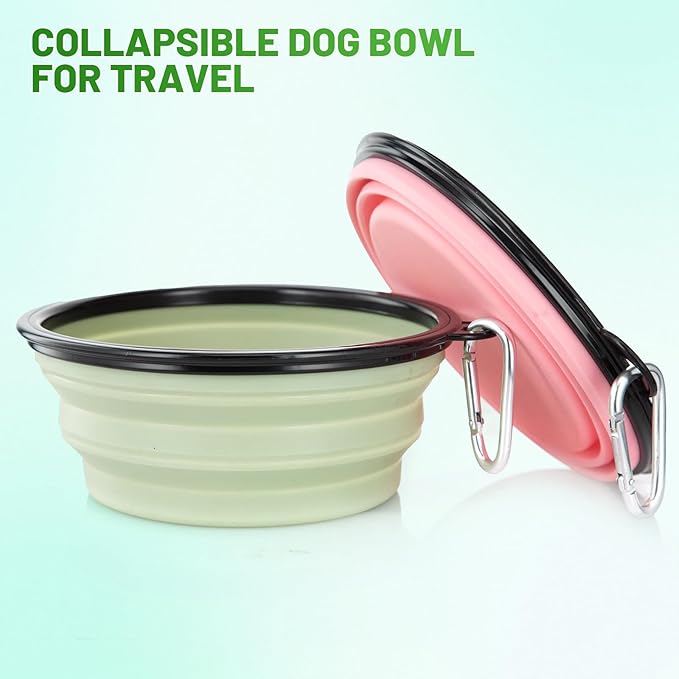 Dog Bowl Pet Collapsible Bowls, 2 Pack Collapsible Dog Water Bowls for Cats Dogs, Portable Pet Feeding Watering Dish for Walking Parking Traveling with 2 Carabiners (Large, Fairy Pink & Sprout Green)