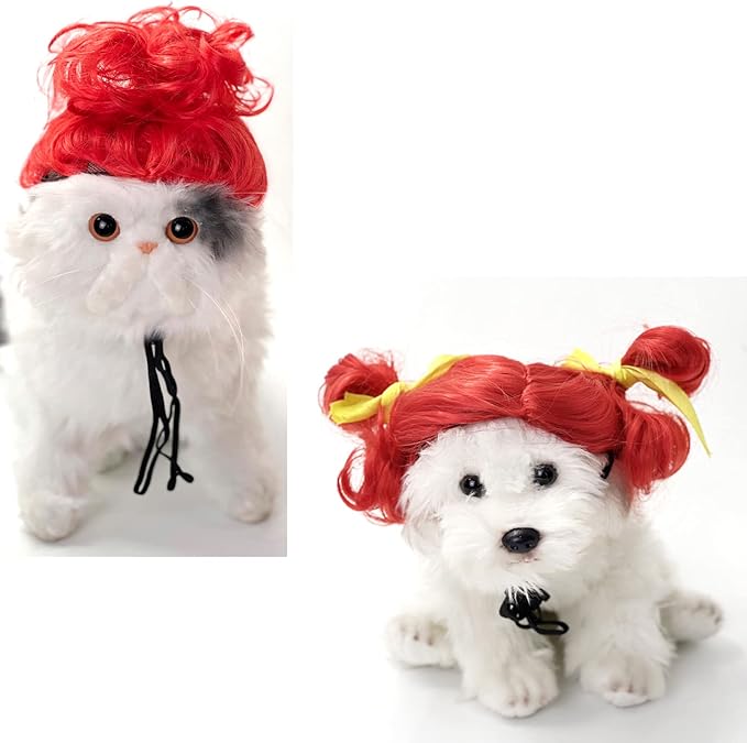 Funny Dog Cat Cosplay Wig for Halloween, Christmas, Parties, Festivals - Pet Wigs for Small, Medium and Large Dogs (Wine Red)