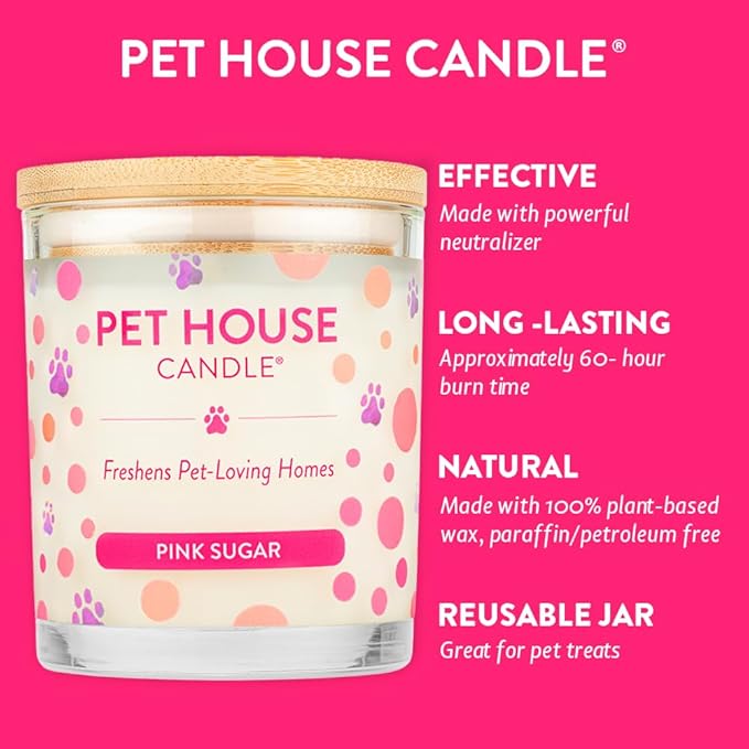 Pet House 9 oz Pink Sugar Scented Pet Odor Candle, Clean Burning, Long Lasting, Plant Based Spring, Summer Scented Soy Candle, 60 Hour Burn Time