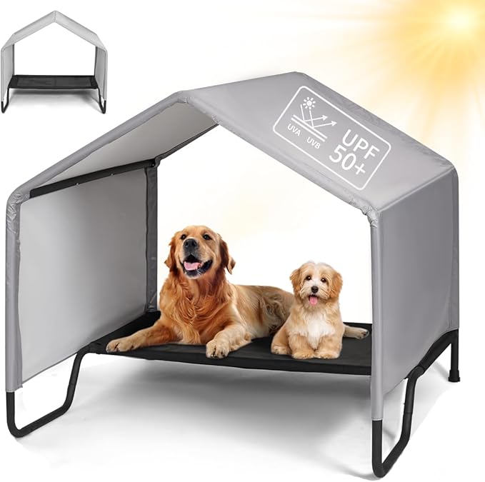 Dog Shade Shelter Outdoor Tent for Small Medium Large Dogs, Waterproof Sun Protection Dog Tent with Bed, Outside Sun Rain Canopy Pet House for Dogs Cats Livestock, Grey, 39.8x39.8x41.3 in
