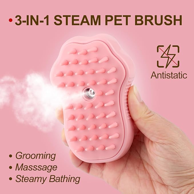 Cat Steam Brush, 3 in 1 Cat Steamy Brush, Silicone Massage Grooming Brush, Pet Hair Cleaning Brush Comb for Cats Dogs(Pink Cat Paw)