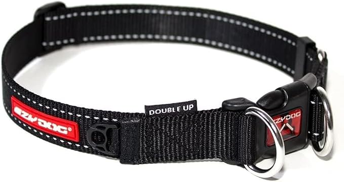 EzyDog Double Up Premium Nylon Dog Collar with Reflective Stitching - Double D-Rings for Superior Strength, Safety, and Comfortability - Non-Rusting and Includes an ID Attachment (Small, Black)