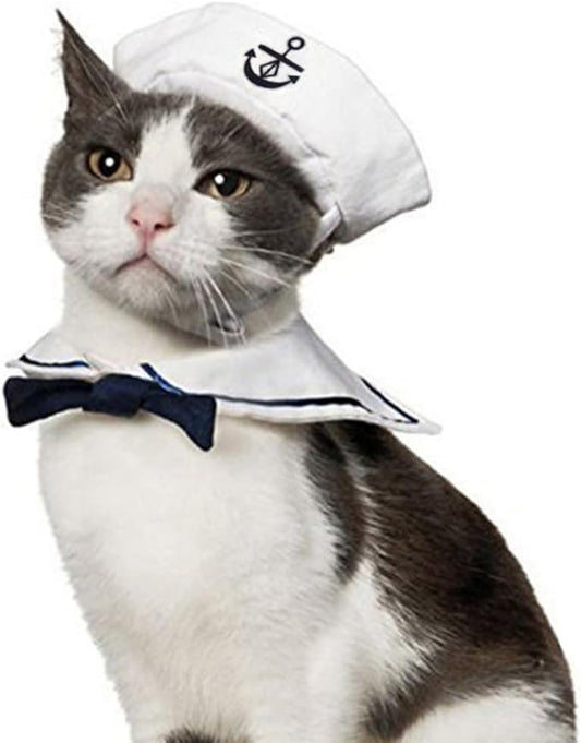 NAMSAN Pet Sailor Costume for Cats Small Dogs Halloween Cat Sailor Hat with Tie Collar Doggy Navy Outfit Cosplay Apparel