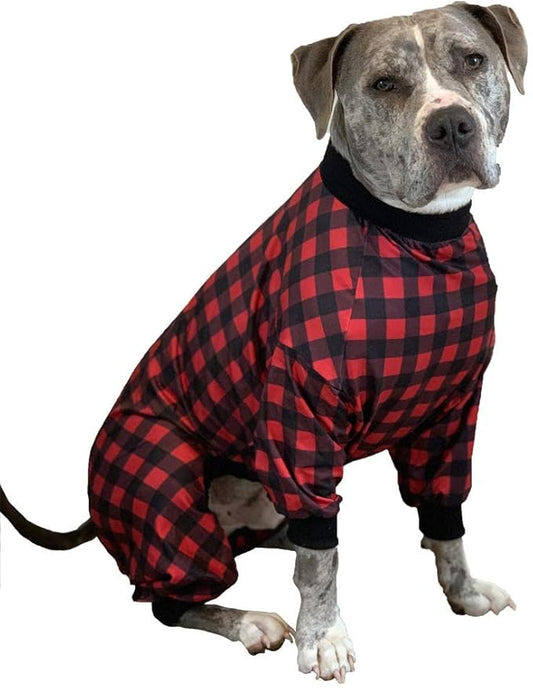 Tooth & Honey Pit Bull Pajamas – Buffalo Plaid Lightweight Pullover with Full Coverage – Updated Fit Dog PJs