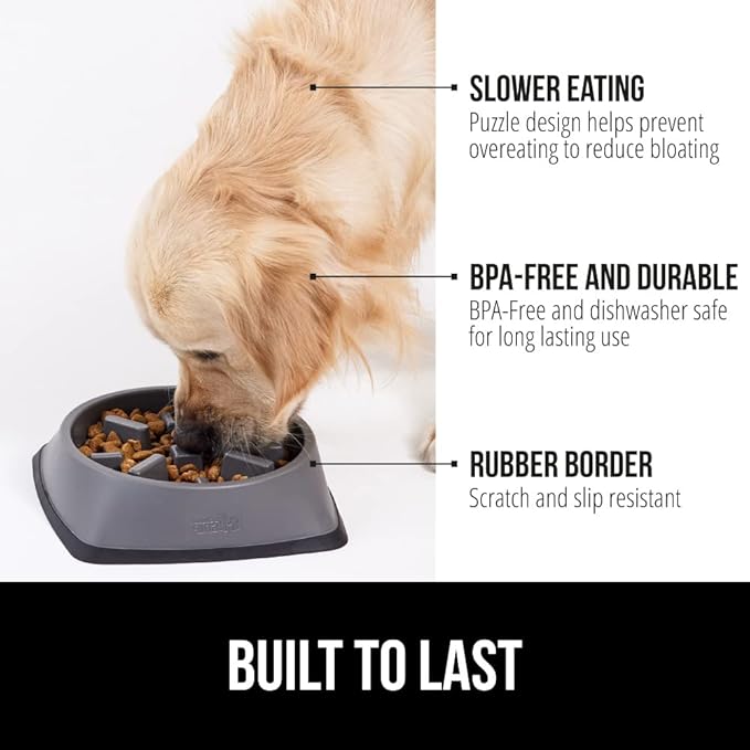 Gorilla Grip Slow Feeder Dog and Cat Bowls, Interactive Puzzle Toy for Dogs and Cats Food Training, Keeps Pets Busy and Prevents Puppy Overeating, Large, Small Breeds, 100% BPA Free, 4 Cup Gray