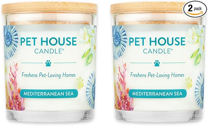 One Fur All Pet House Candle 2 Pack - Plant-Based/Soy Candle - Clean Burning Scented Candles, Long Lasting Pet Odor Candle for Home - Mediterranean Sea