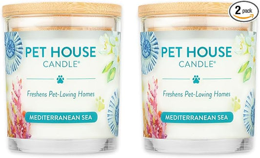 One Fur All Pet House Candle 2 Pack - Plant-Based/Soy Candle - Clean Burning Scented Candles, Long Lasting Pet Odor Candle for Home - Mediterranean Sea