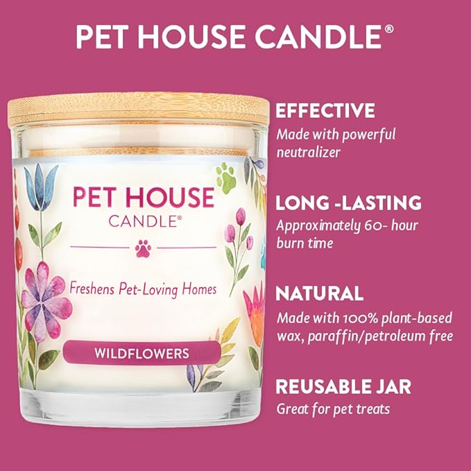 Pet House 9 oz Wildflowers Scented Pet Odor Candle, Clean Burning, Long Lasting, Plant Based Spring, Summer Scented Soy Candle, 60 Hour Burn Time