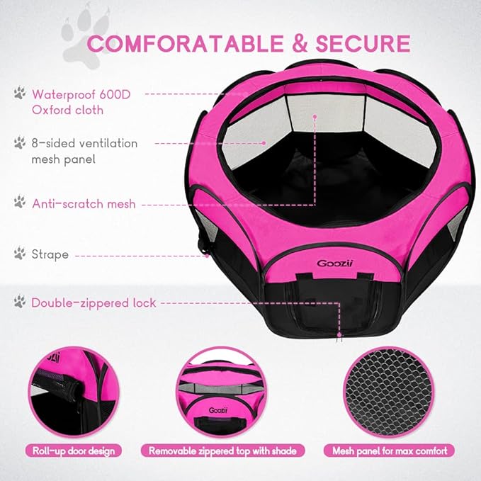 Portable Dog Playpen for Small Dogs Indoor Outdoor, Foldable Pet Puppy Playpens Kennel Tent with Top Cover Door for House Cat Kitty for Dog Lover as (Medium Size, Pink)
