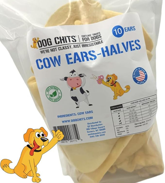 Dog Chits Cow Ears for Dogs and Puppies | 10 Pack | All Natural Half Ears | Made in USA | No Preservatives | 100% Grass Fed Beef | Single Ingredient | Nothing Added | Great for Dogs