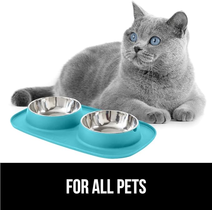 GORILLA GRIP Patent Pending 100% Waterproof BPA Free 3 Cup Cat and Dog Bowls Silicone Feeding Mat Set, Stainless Steel Bowl Slip Resistant Raised Edges, Catch Water, Food, Pet Accessories, Turquoise