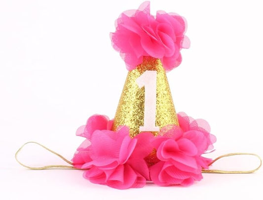 1st Pet Birthday Cone Hat Dogs Cats Holiday Party Hat Headwear Costume with Flowers Accessories and Adjustable Headband for Small Medium Dogs Cats Pets Baby (Rose)