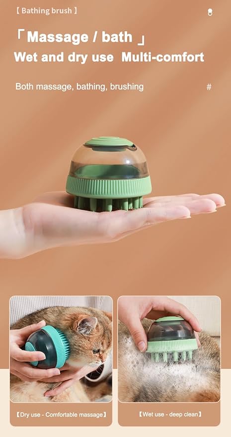 GERGOL - Dog Cat Bath Brush Comb Silicone Rubber Dog Grooming Brush Silicone Puppy Massage Brush Hair Fur Grooming Cleaning Brush Soft Shampoo Dispenser with release button 2 Replaceable Brush (Green)
