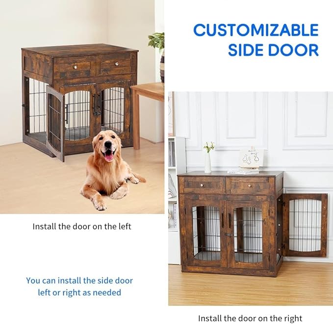 GAOMON Dog Crate Furniture with Cushion,Wooden Dog Kennels Indoor with 2 Drawers,Dog Furniture Crate End Table with Storage