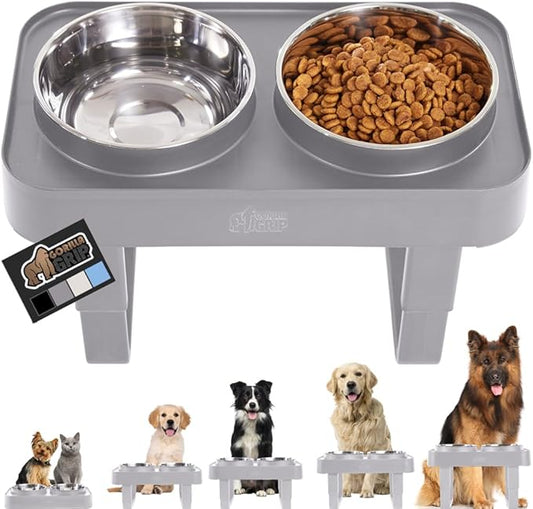 GORILLA GRIP Elevated Dog Bowls Stand, 6 Cup Stainless Steel Food Bowl Set of 2, 5 Height Adjustable Raised Feeding Station for Small Breed Puppy Dogs and Cats, Medium, Large Sized Pets Feeder, Gray