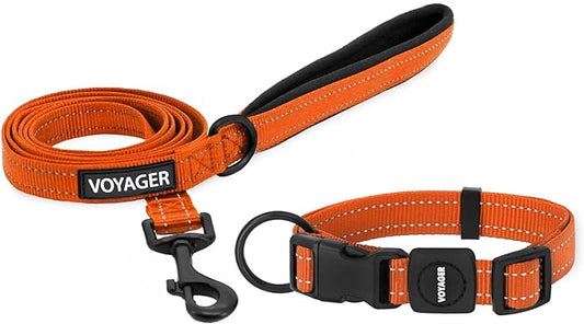 Voyager Reflective Dog Leash Collar Set with Neoprene Handle Supports Small, Medium, and Large Breed Puppies, Cute and Heavy Duty for Walking, Running, and Training - Orange, S