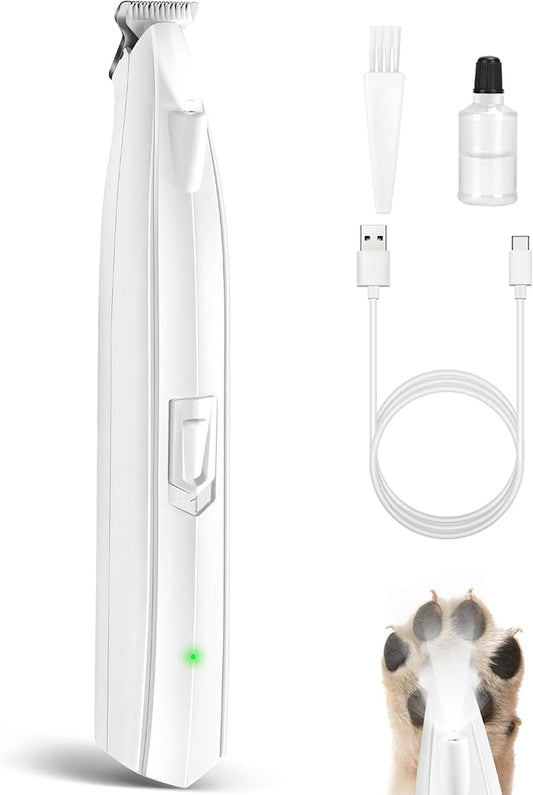 Dog Paw Trimmer for Grooming, Cordless Electric Dog Clippers with LED Light, Rechargeable Low Noise Small Pet Shaver for Trimming Cat's Hair Around Eyes, Faces, Ears, Paws, Rump(White)