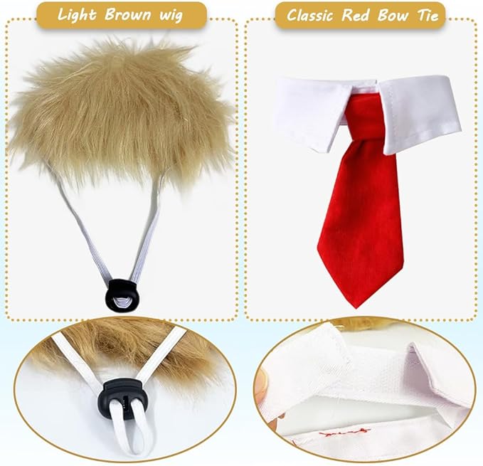 Trump Style Pet Costume Dog Wig, Dog Clothes with Collar & Tie Head Wear Apparel Toy for Halloween, Christmas, Parties, Festivals (Light Brown with Tie)