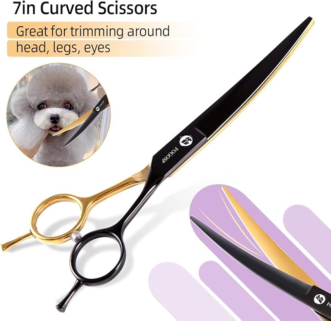 Black and Gold Two-Color Curved Grooming Scissors for Dogs 7.0" Professional Curved Pets Grooming Scissors for Small Medium Dog 9CR Stainless Steel(Black&Gold,Curved)