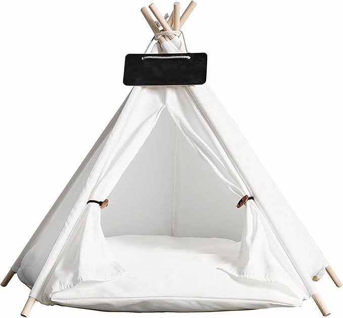 Dog and Cat Teepee Bed - Portable Pet Tent for Small Dogs and Indoor Cats, Removable & Washable With Cozy Cushion, Bunny Outdoor House (White, L)