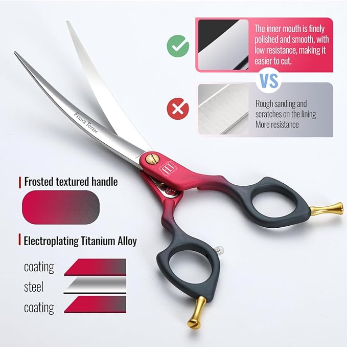 Fenice Dog Grooming Curved Scissors: 6.5" Pet Self-sharpening Split Finishing Shears for Dogs' Faces and Eyes Lightweight Ideal for Tight Spaces and Detailed Grooming Japan VG10 Alloy Steel 63HRC